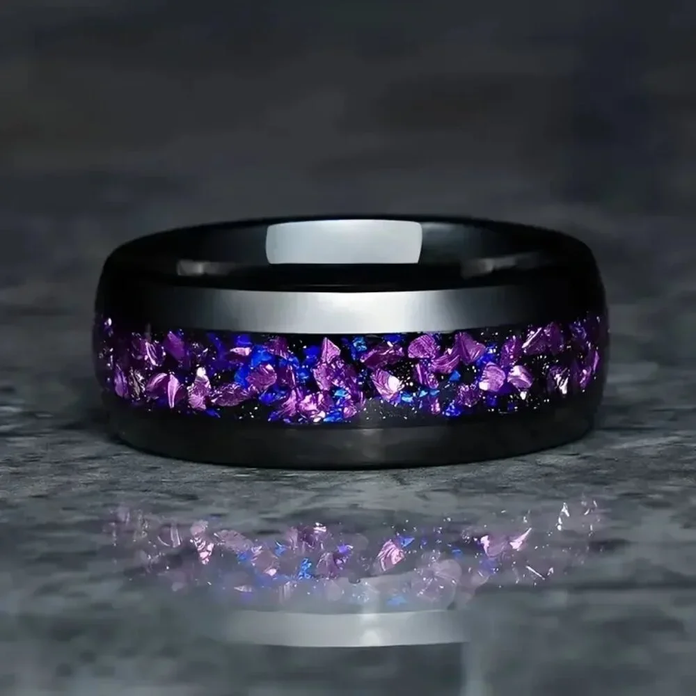 Tungsten Steel Carbide in Black with Center Purple Amethyst Nebula Inlay stateme